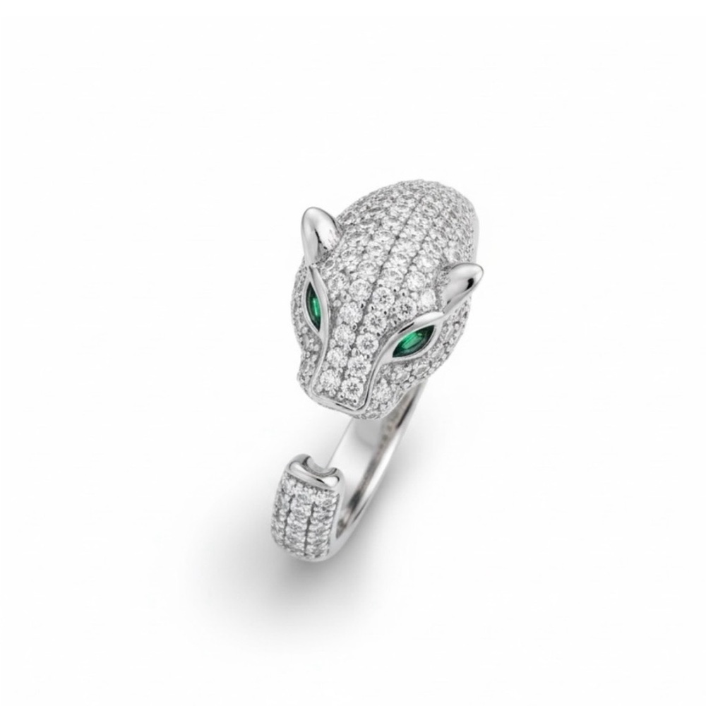 Silver CZ Panther Head Ring with Green Stone Eyes